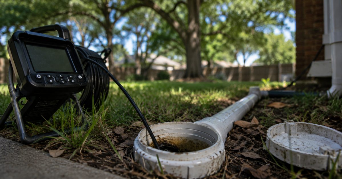 Sewer scope camera inserted into a cleanout access point in a North Texas backyard — sewer scope inspection Arlington TX
